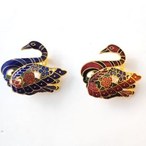 Pair of Red and Blue Cloisonne Swan pins brooches
